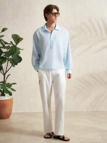 Airaco Casual Commuter V-Neck Button Long Sleeve Shirt With Raglan Sleeves - Blue - View 6