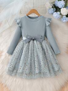 SHEIN Glamorique Kids 小女孩长袖针织薄纱星形网纱公主裙