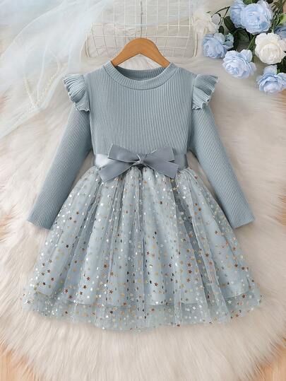 SHEIN Glamorique Kids Young Girl' Long Sleeve Knit Tulle Star Mesh Princess Dress Autumn Fall