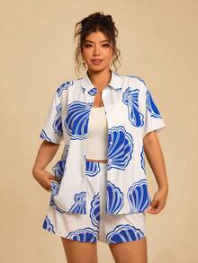 Travachic Bộ đồ đôi cỡ lớn dành cho nữ, phong cách nghỉ dưỡng nhiệt đới, boho, họa tiết vỏ sò, tay ngắn bất đối xứng và quần short đi biển, kiểu dáng boho. - Nhiều màu - Xem 6