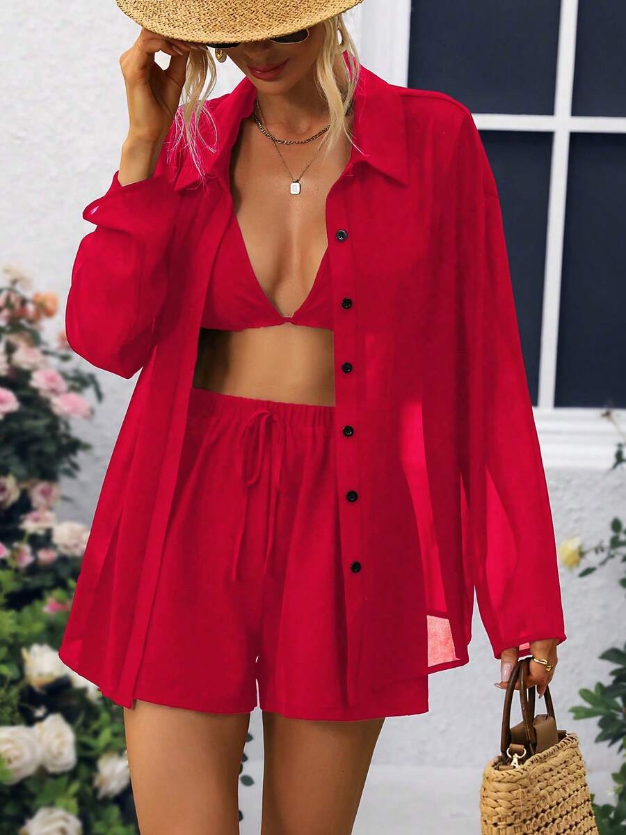 Breezaya 3pcs Women's Mesh Front Opening Long Sleeve Set - Red - View 1