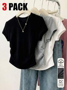 Comfortcana 3pcs Women's T-Shirts, Waist Ruched, Casual Wear, Basic Outfit, Clean Girl - Multicolor - View 1
