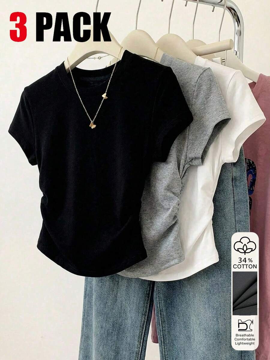 Comfortcana 3pcs Women's T-Shirts, Waist Ruched, Casual Wear, Basic Outfit, Clean Girl - Multicolor - View 1
