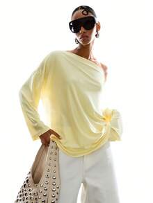 LYSMO Women's Spring/Summer Oblique Shoulder Lace Patchwork Sheer Back Loose Fit Long Sleeve T-Shirt - Pale Yellow - View 2