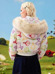 Teletubbies X ROMWE Women's Autumn/Winter Warm Patchwork Faux Fur Trim Hooded Padded Coat