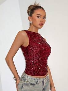 SHEIN BAE Women's Black Solid Color Sleeveless Backless Sequin Sparkly Sheer Crop Top, Suitable For Concerts, Music Festivals, Clubs - Burgundy - View 5