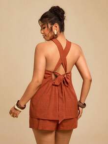 Travachic 大码女士度假两件套，度假梭织印花吊带上衣和高腰宽松短裤，春季夏季度假装，沙滩装，外出装，休闲装，大码短裤套装，焦橙色上衣，锈棕色上衣，赤陶色上衣，两件套亚麻套装，棕色 - 紅木色 - 查看 2