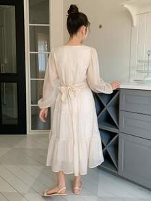 DAZY 少女优雅撞色蕾丝网纱灯笼袖连衣裙，秋季 - 杏色 - 查看 4