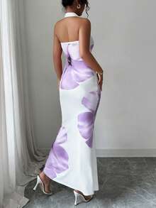 Elenzga 2025夏季女士露背系带修身印花中长连衣裙 - 淡紫色 - 查看 2