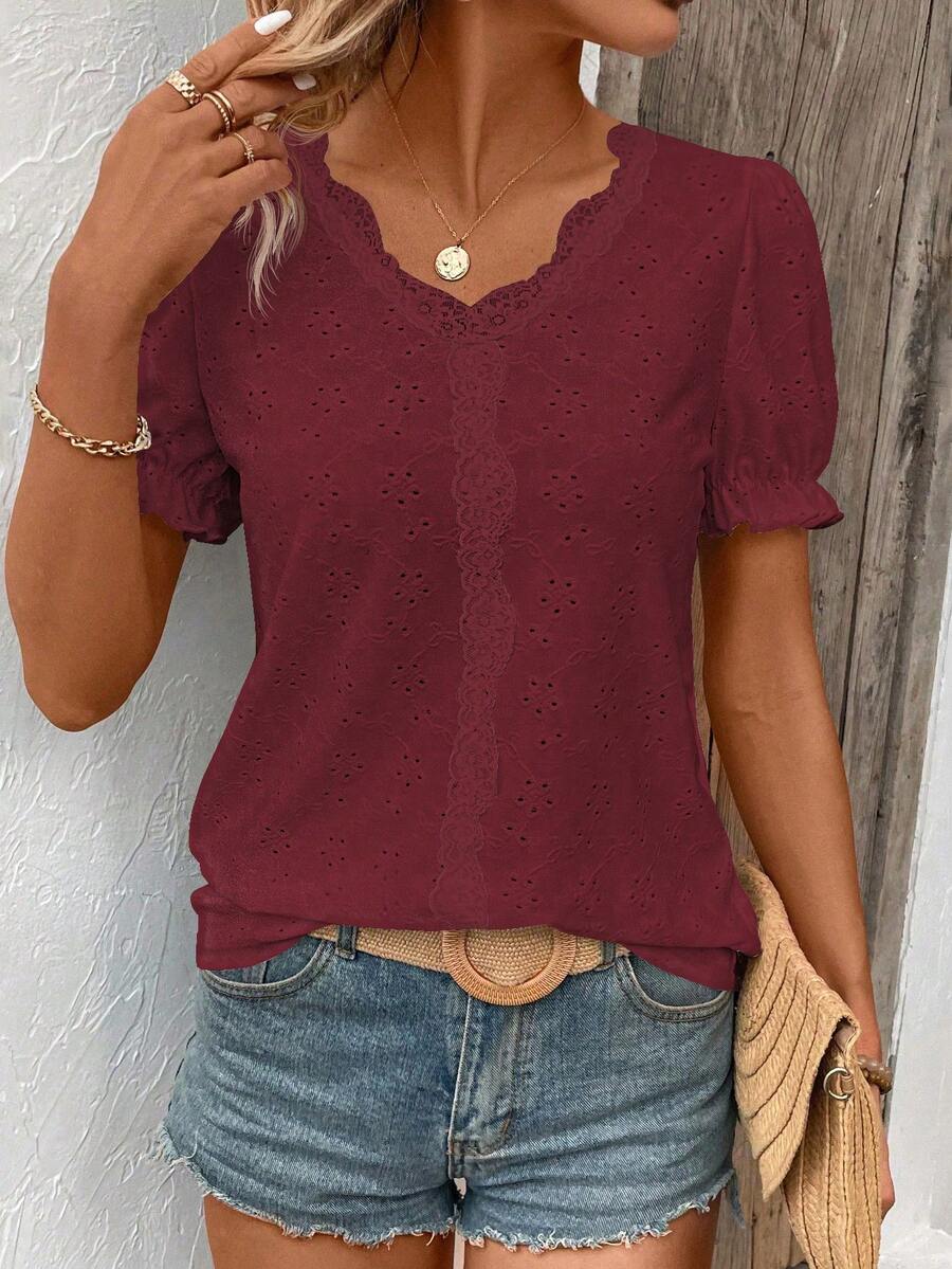 EMERY ROSE Summer Casual Solid Color Textured Lace Trim T-Shirt - Burgundy - View 1