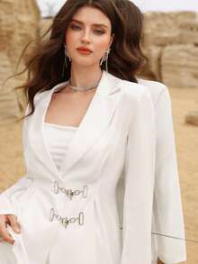 Modelyn Women's Casual Chic Elegant White Double-Breasted Decorated Blazer - White - View 9
