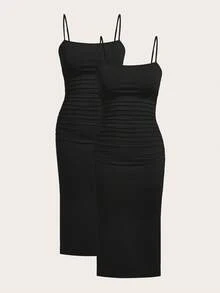 SHEIN EZwear Đầm hè dáng ôm màu đen xếp ly, thanh lịch, dây mảnh dành cho nữ, cỡ lớn. - màu đen - Xem 11