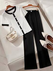 Franclia 2pcs/Set Women's Casual Black & White Matching Top And Pants, Elegant Spring/Summer Outfit - Multicolor - View 1