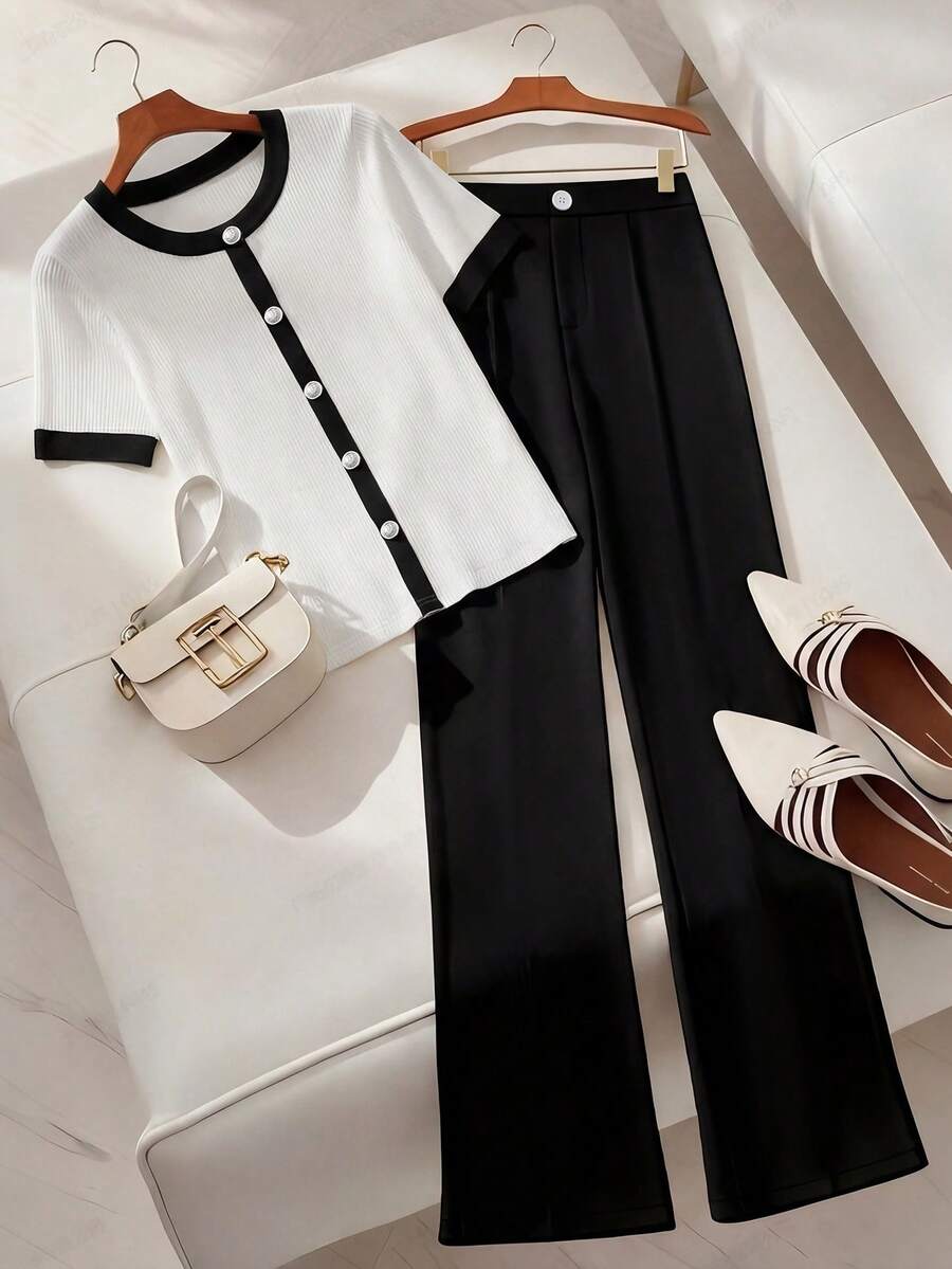 Franclia 2pcs/Set Women's Casual Black & White Matching Top And Pants, Elegant Spring/Summer Outfit - Multicolor - View 1