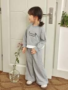 Genkimix Kids 2 件套女童韩版宽松花卉印花蝴蝶结装饰运动衫 - 灰色 - 查看 5