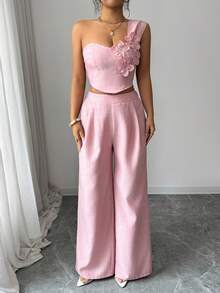 Selianne Bộ 2 món mùa hè mới: Áo croptop màu hồng với họa tiết hoa 3D và gấu áo nhọn, thiết kế hở lưng + Quần ống rộng, thích hợp cho kỳ nghỉ, hẹn hò, đi làm, trang phục thanh lịch cho nữ. - Màu Hồng baby - Xem 4