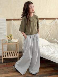 DAZY Tween Girl Solid Color Round Neck Drop Shoulder T-Shirt And Striped Pants Pajama Set - Army Green - View 6