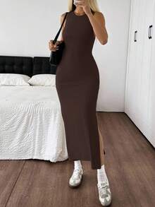 SHEIN EZwear 棕色针织露背紧身无袖连衣裙（女款） - 巧克力棕 - 查看 5