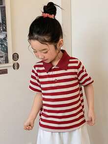 DAZY 女童条纹短袖 Polo 领休闲 T 恤 - 紅色 - 查看 3