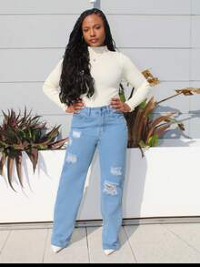 Steph T High Waist Ripped Jeans - Light Wash - View 3