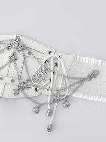 ROMWE Goth 一件式女士白色水钻镂空交叉腰部束身衣贝壳海星多层链条装饰度假风沙滩风夏季腰部束身衣连衣裙牛仔裤配饰日常百搭 - 白海星貝殼腰封 - 查看 2
