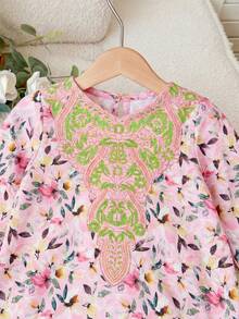 SHEIN Newborn Baby Girl Cute Floral Print Loose Long Sleeve Dress,Kids - Multicolor - View 4
