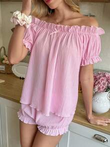 Snug Reverie 甜美露肩荷叶边蝴蝶结装饰宽松粉色睡衣套装 - 粉色 - 查看 6