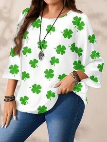 EMERY ROSE Plus Size Women Casual All-Over Print Round Neck Loose 3/4 Sleeve Shirt/St. Patrick's Day - Multicolor - View 5