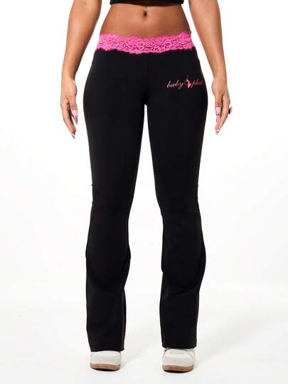 BABYPHAT High Rise Lace Waistband Detail Flare Leg Leggings With Contrast Decorative Waistband For Casual Everyday Comfort For Valentine's Day
