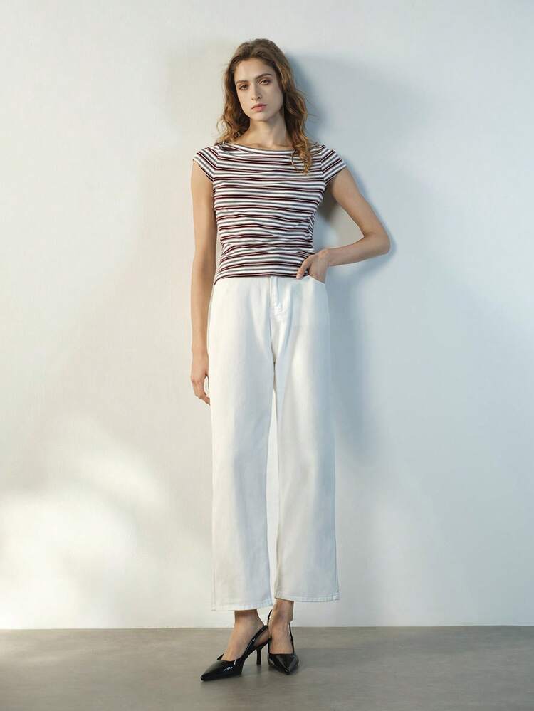 SHEIN Maija Graphic Women's Striped Print Scoop Neck Casual Versatile Short Sleeve T-Shirt Summer Top Short Sleeve Beach Tops Fitted Tops Valentine's Day Vacation Spring To Summer T-Shirts For Women Summer Tops Boat Neck Top