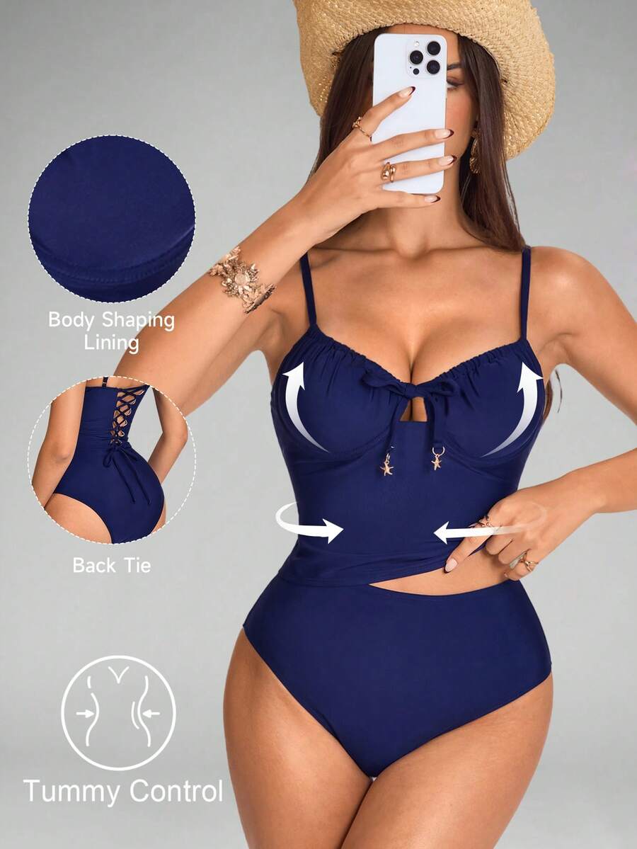 Shapewave Women's Camisole Strap Bikini Pushup Tummy Control Drawstring Backless Swimsuit, Blue - Brown - View 1