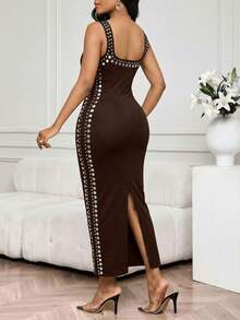 SHEIN Lady 女士夏季时尚铆钉细节开衩中长连衣裙 - 深棕色 - 查看 2