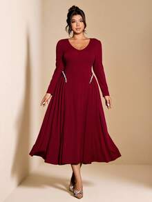 Cravure 大码女式优雅亮片串珠荷叶边泡泡袖V领纯色中长连衣裙，适合夜店/商务休闲/派对/春季穿着，优雅正式女装，晚礼服，性感红色连衣裙，浪漫连衣裙 - 酒紅色 - 查看 6