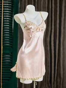 SilkySpell Sexy Embroidered Patchwork Faux Silk Low Back Slit Floral Decor Women Slip Dress - Multicolor - View 5