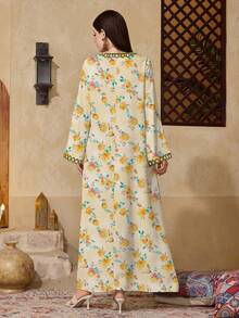 Al Najma Women's V-Neck Floral Print Casual Modest Party & Outing Arabic Style Dress - Multicolor - View 2