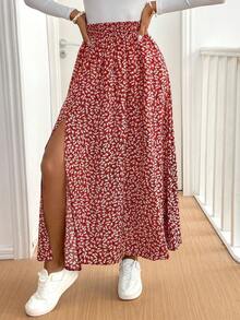 SHEIN Frenchy 女士碎花开衩荷叶边半身裙 - 玫瑰紅 - 查看 6