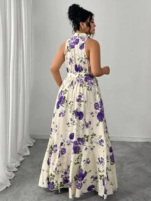 Elenzga 大码女士优雅碎花V领长裙 - 彩色 - 查看 2