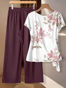 EMERY ROSE Women's Tie Bow Blouse And Loose Straight Leg Pants 2 Pieces Set - Multicolor - View 4