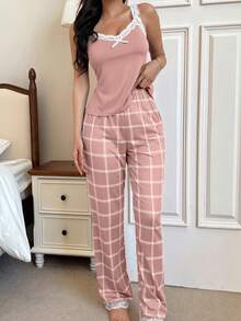 SHEIN 撞色蕾丝拼接吊带背心和格子印花长裤女士睡衣套装 - 藕粉色 - 查看 6