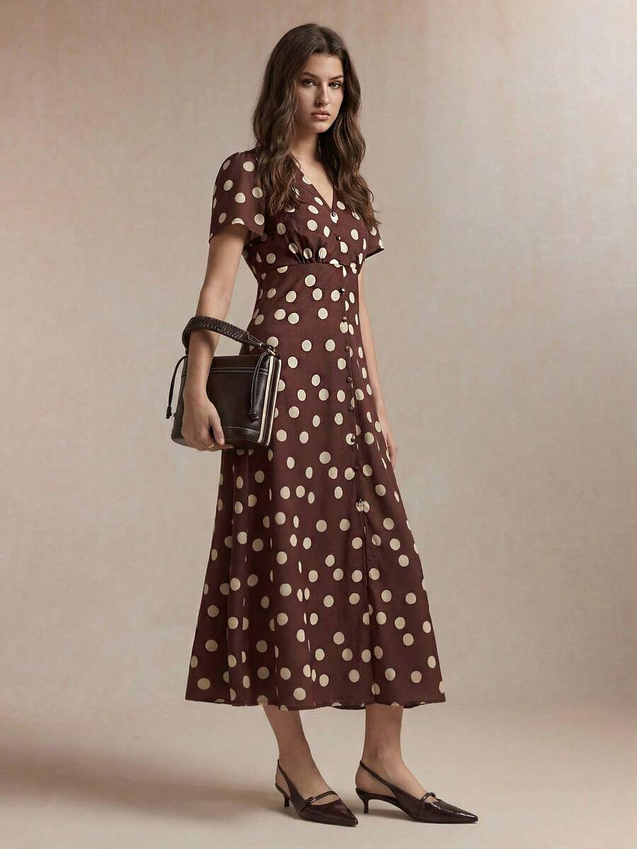 SHEIN BIZwear 春夏新款咖啡棕色底米色波点印花亚麻连衣裙，饰以蘑菇纽扣，收腰A字廓形，适合办公室、通勤、商务、社交场合等各种场合，Y2K风格 - 咖啡棕 - 查看 1