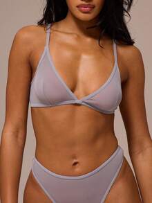 MUSERA ESSENTIALS Sheer Mesh Triangle Bralette With High Leg Thong 2 Pieces Multipack Set Sexy Lounge Cute Night Lingerie Essential - Light Grey - View 6