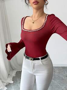 SHEIN Clasi 女士纯色方领喇叭袖珍珠装饰T恤 - 紅色 - 查看 6