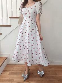 FRIFUL 女士樱花印花白色露肩抽绳蝴蝶结喇叭连衣裙，修身收腰，百搭婚礼宾客礼服，女士长款连衣裙 - 白色 - 查看 4