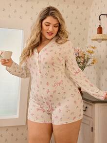 CottageSlumber Bộ đồ ngủ liền thân dài tay in họa tiết hoa lãng mạn, có nơ, kiểu dáng ôm sát, cỡ lớn. - Màu be - Xem 3