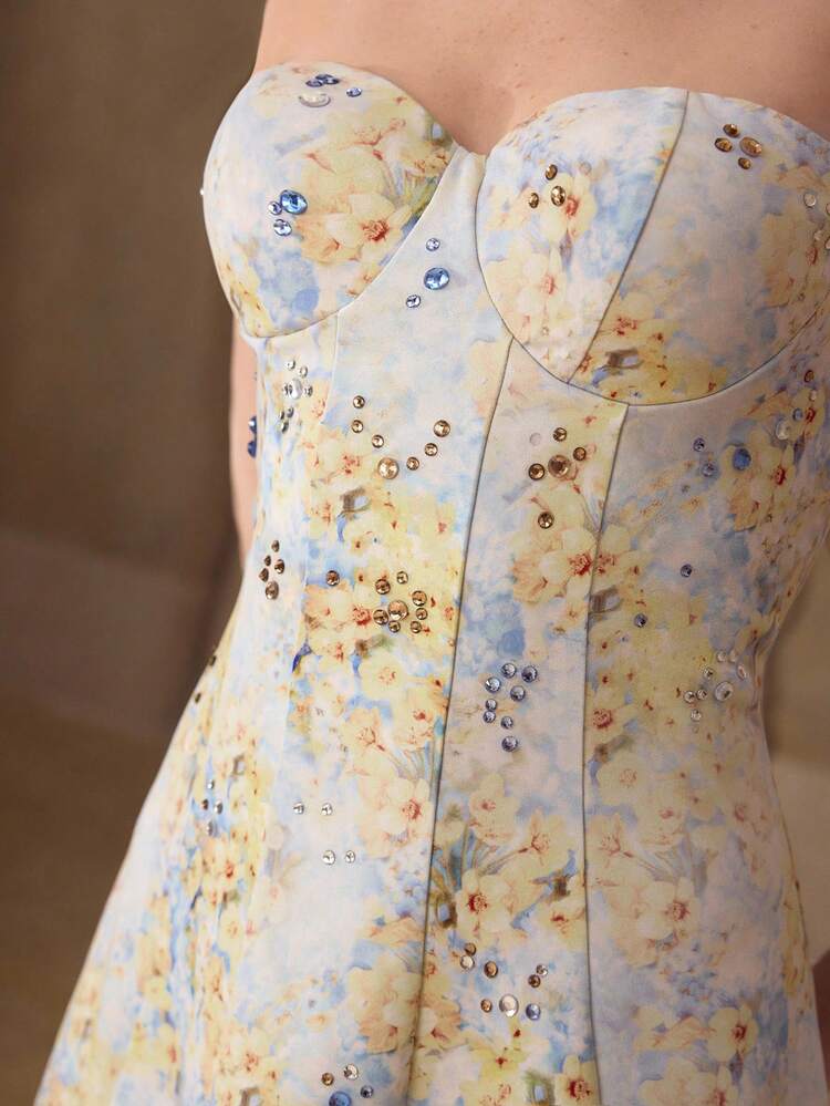 WOMEN'S RHINESTONE EMBELLISHED PRINTED SLEEVELESS A-LINE MIDI DRESS, SPRING/SUMMER