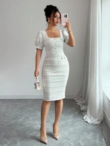 Elenzga Gaun Bodycon Elegan dan Romantis dengan Detail Kerutan di Pinggang, Lengan Mengembang, dan Leher Persegi untuk Wanita - Kopi - View 7