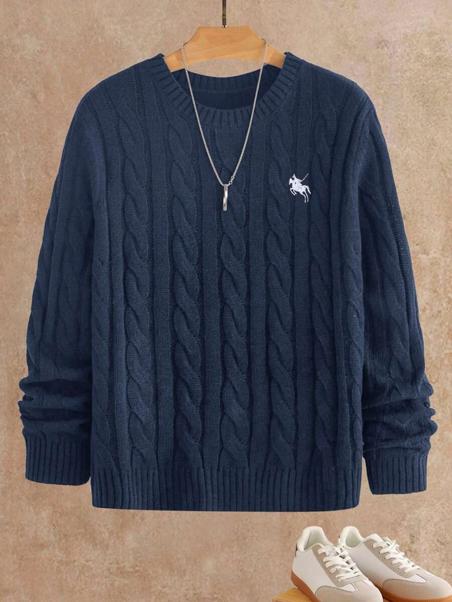 HIMLAND Men's Fashionable Versatile Crew Neck Long Sleeve Sweater, Autumn/Winter Men's Jumpers Cable Knit Sweater Men Men Navy Blue Outfit Navy Blue Sweater Polo Sweater