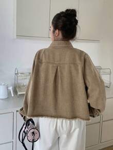 Dazy Plus Vintage Washed Khaki Loose Pocket Turndown Collar Long Sleeve Shirt + Frayed Hem Denim Jacket, Countryside Style, Spring/Autumn - Khaki - View 5