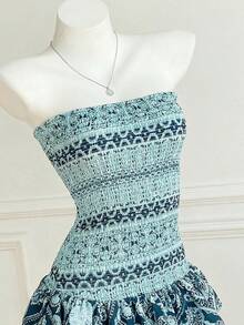 Elamini 佩斯利印花无肩带迷你连衣裙，休闲度假风 - 薄荷藍 - 查看 4