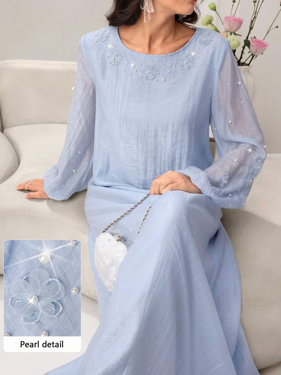 Al Najma Abito elegante e romantico con scollo tondo, maniche a lanterna, decorato con perle e fiori 3D, con gonna ampia, adatto per la primavera/estate